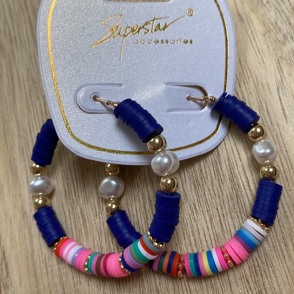 🎉HP🎉 Superstar Accessories Disc & Pearl Hoop Earrings 💗 Blue Gold Multi - Picture 2 of 8